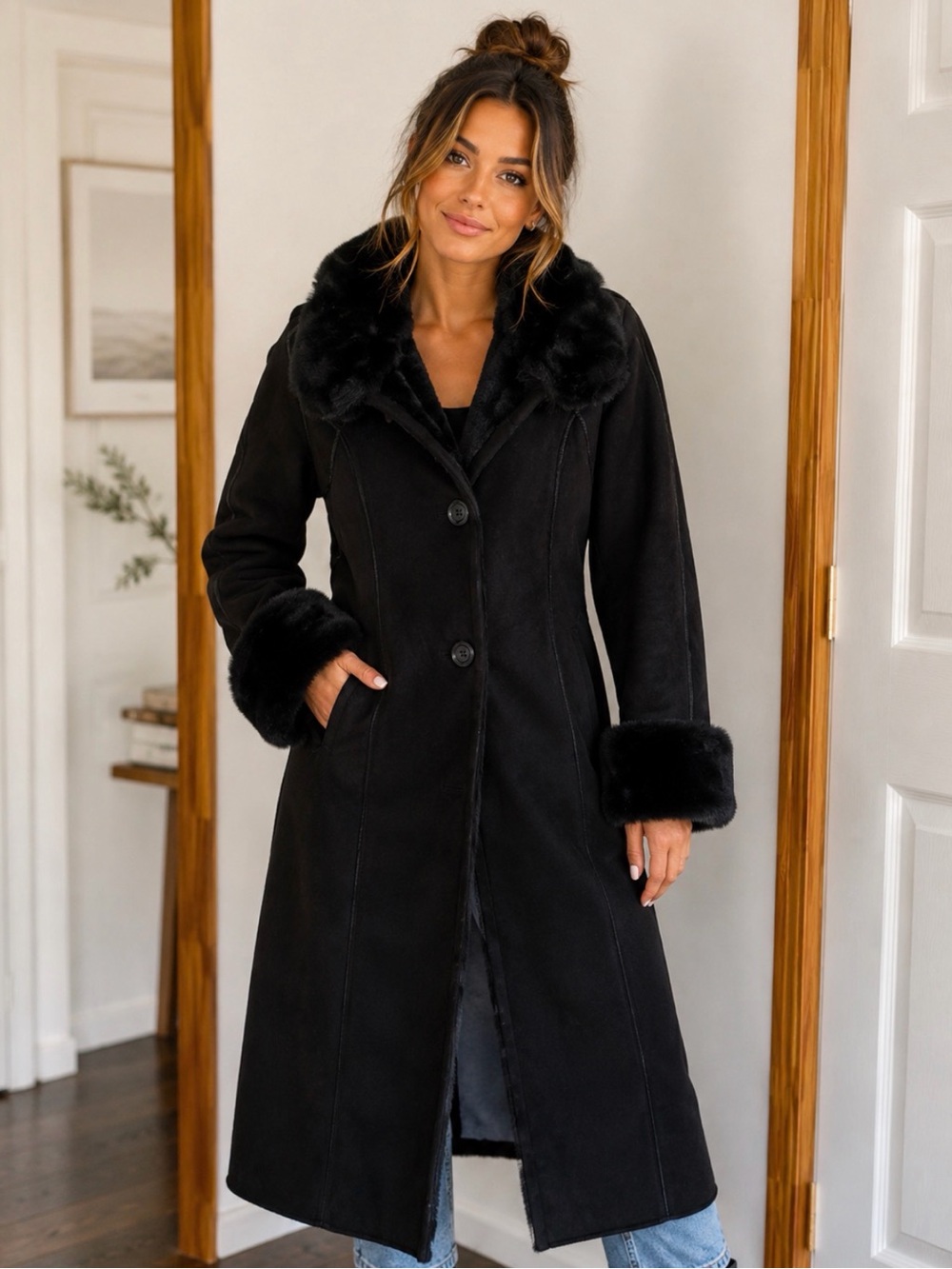 Gallery Long Black Faux Shearling Coat